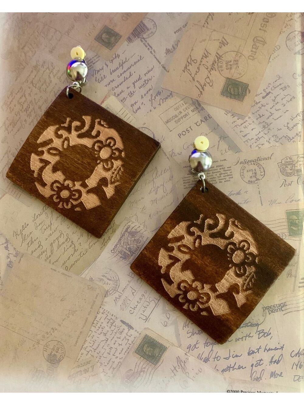Vintage Bohemian Handcrafted Wooden Square Earrings Floral Carving & Bead Detail